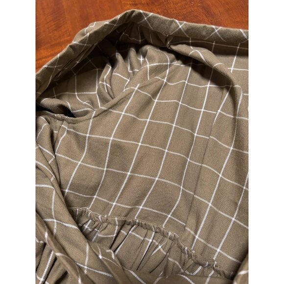 Hand Made Olive Green Check Wrap Front A-Line Baby Doll Long Sleeve Dress - Picture 3 of 5